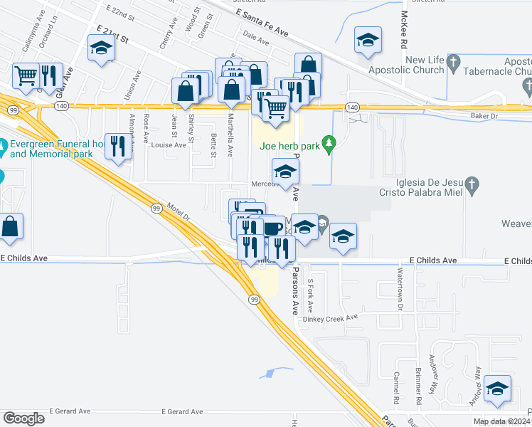 map of restaurants, bars, coffee shops, grocery stores, and more near 1511 Ellen Court in Merced