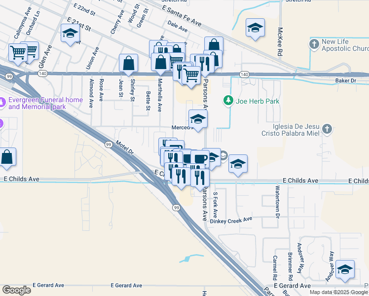 map of restaurants, bars, coffee shops, grocery stores, and more near 1506 Ellen Court in Merced