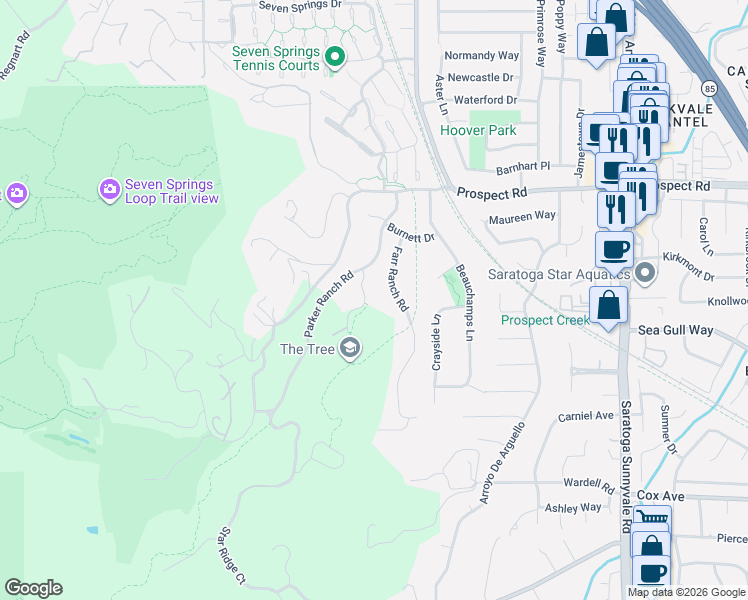 map of restaurants, bars, coffee shops, grocery stores, and more near 12206 Vista Arroyo Court in Saratoga