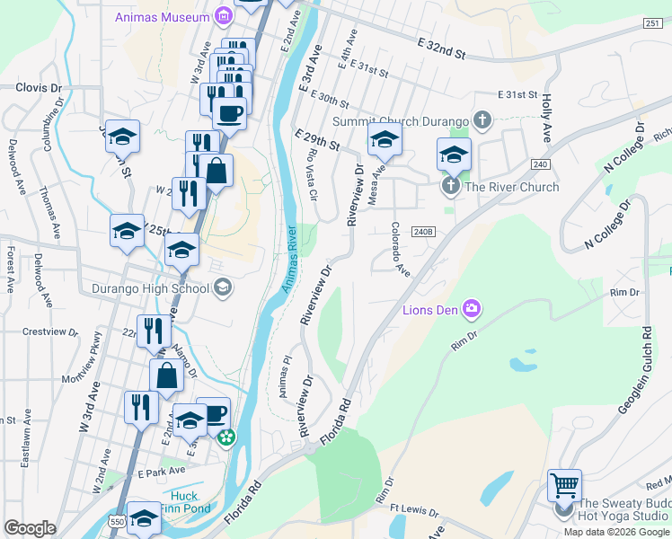 map of restaurants, bars, coffee shops, grocery stores, and more near 146 Riverview Drive in Durango