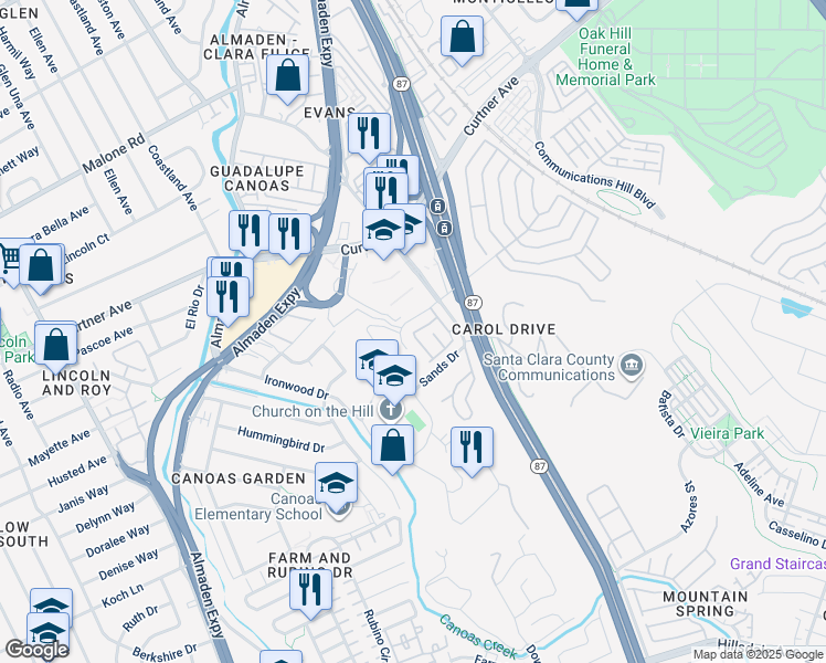 map of restaurants, bars, coffee shops, grocery stores, and more near 712 Mill Stream Drive in San Jose