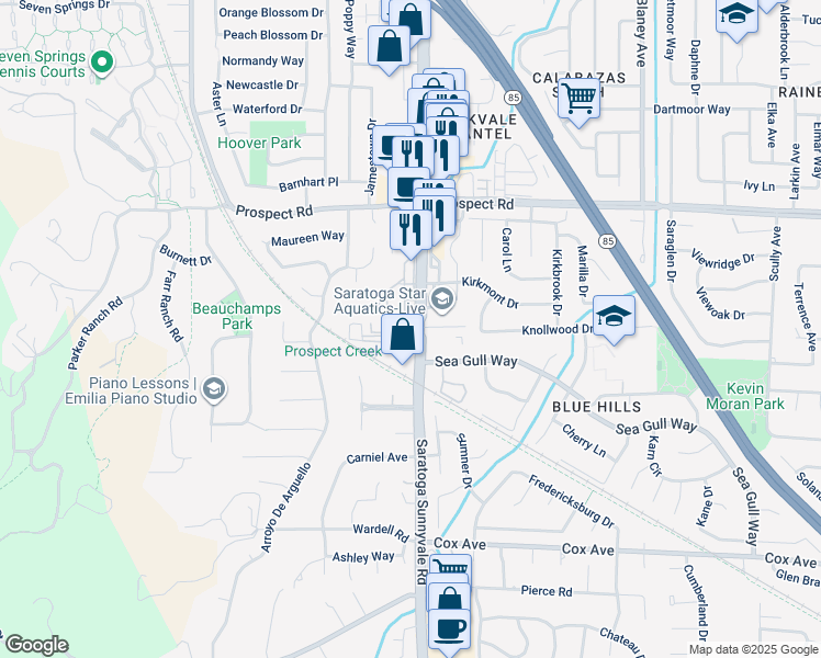 map of restaurants, bars, coffee shops, grocery stores, and more near 12297 Kenyon Court in Saratoga