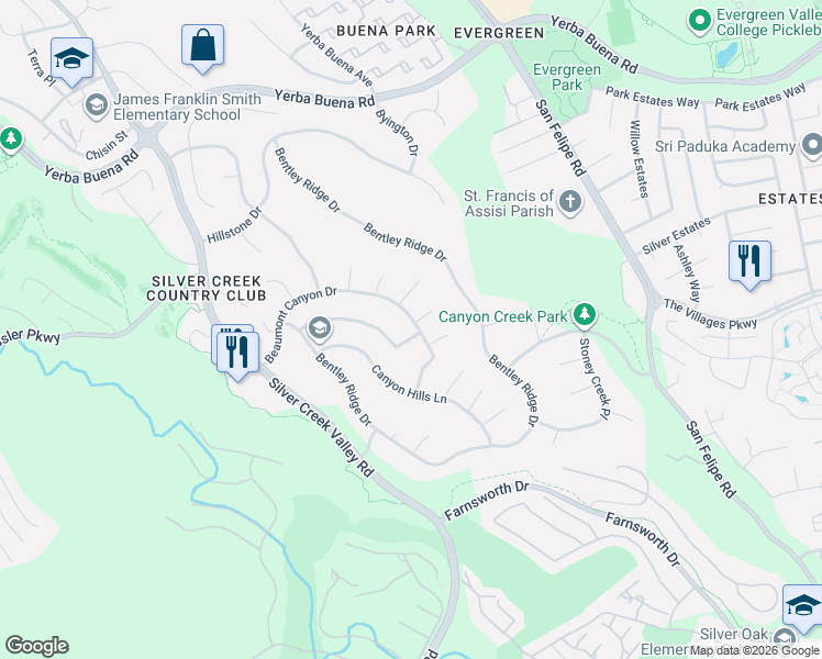 map of restaurants, bars, coffee shops, grocery stores, and more near 5373 Beaumont Canyon Drive in San Jose