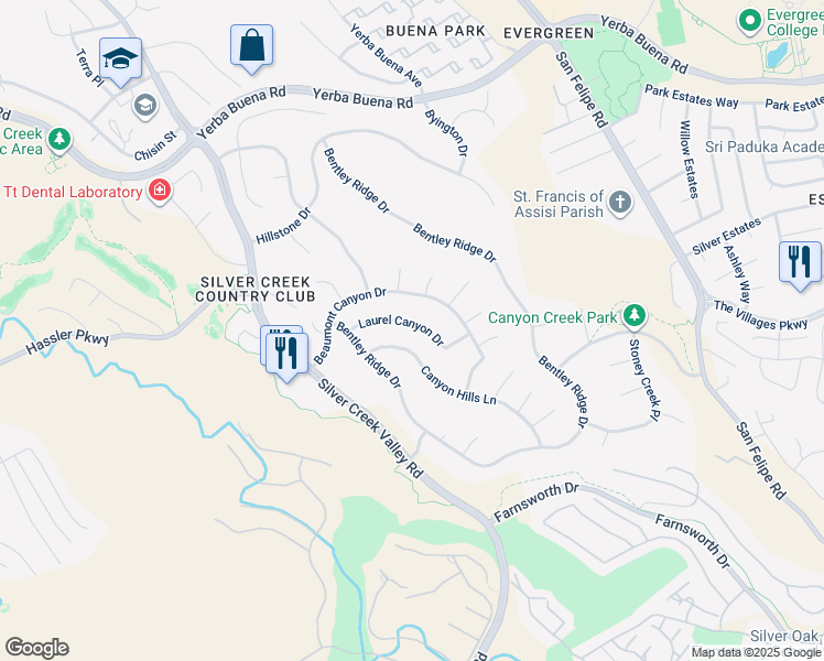 map of restaurants, bars, coffee shops, grocery stores, and more near 5333 Laurel Canyon Drive in San Jose