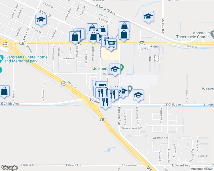 map of restaurants, bars, coffee shops, grocery stores, and more near 1517 Ellen Court in Merced