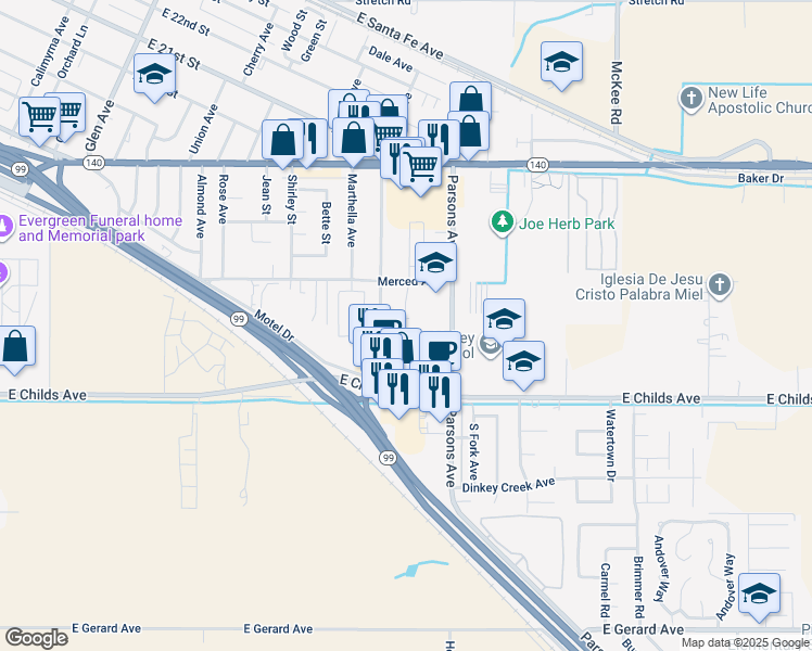 map of restaurants, bars, coffee shops, grocery stores, and more near 1523 Ellen Court in Merced