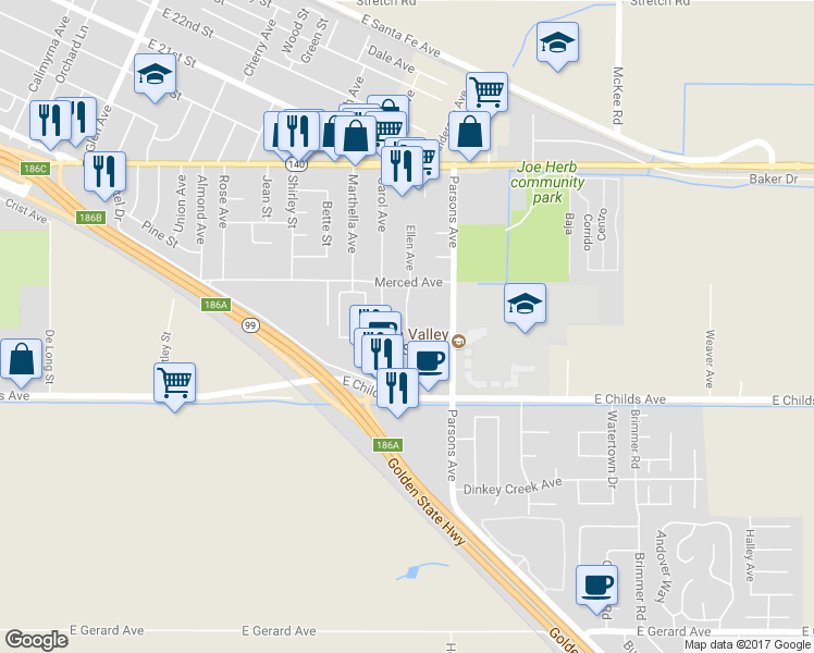 map of restaurants, bars, coffee shops, grocery stores, and more near 1516 Ellen Court in Merced