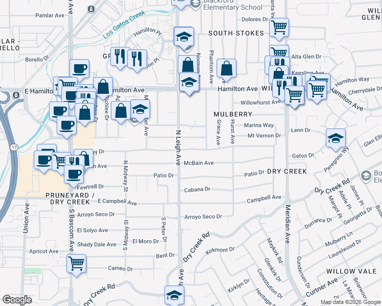 map of restaurants, bars, coffee shops, grocery stores, and more near 1950 Montemar Way in San Jose