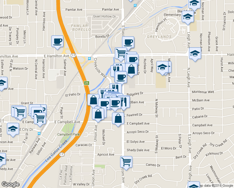 map of restaurants, bars, coffee shops, grocery stores, and more near 88 Pruneyard in Campbell