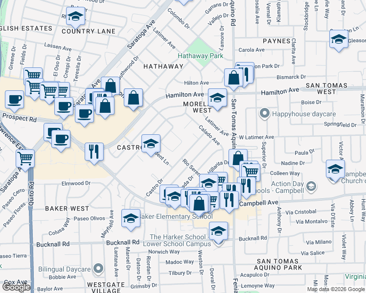 map of restaurants, bars, coffee shops, grocery stores, and more near 4596 Mossbrook Circle in San Jose