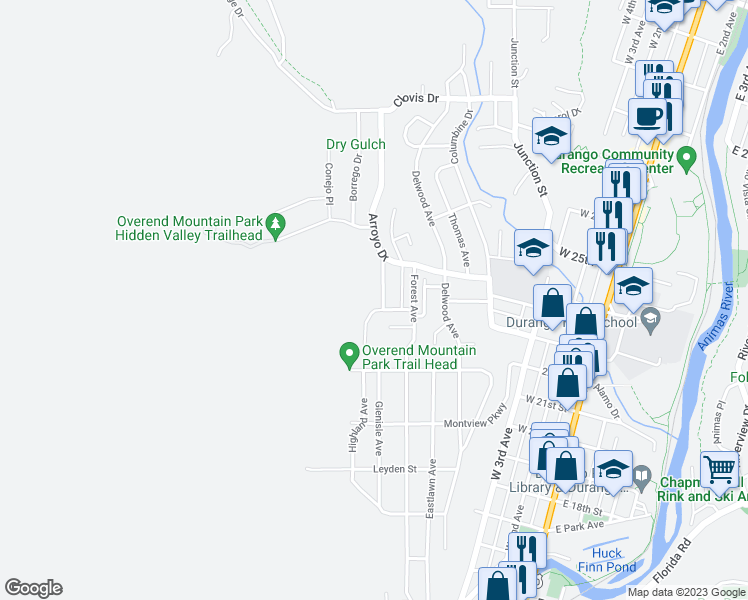 map of restaurants, bars, coffee shops, grocery stores, and more near 2305 North Glenisle Avenue in Durango