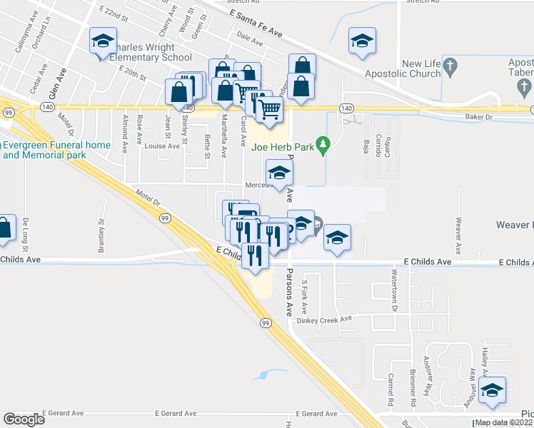 map of restaurants, bars, coffee shops, grocery stores, and more near 1516 Ellen Court in Merced