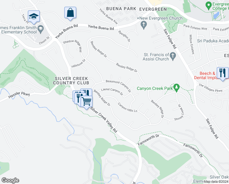 map of restaurants, bars, coffee shops, grocery stores, and more near 5333 Laurel Canyon Drive in San Jose