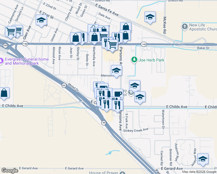 map of restaurants, bars, coffee shops, grocery stores, and more near 1518 Ellen Court in Merced