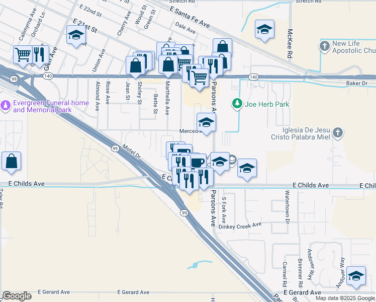 map of restaurants, bars, coffee shops, grocery stores, and more near 1535 Ellen Court in Merced