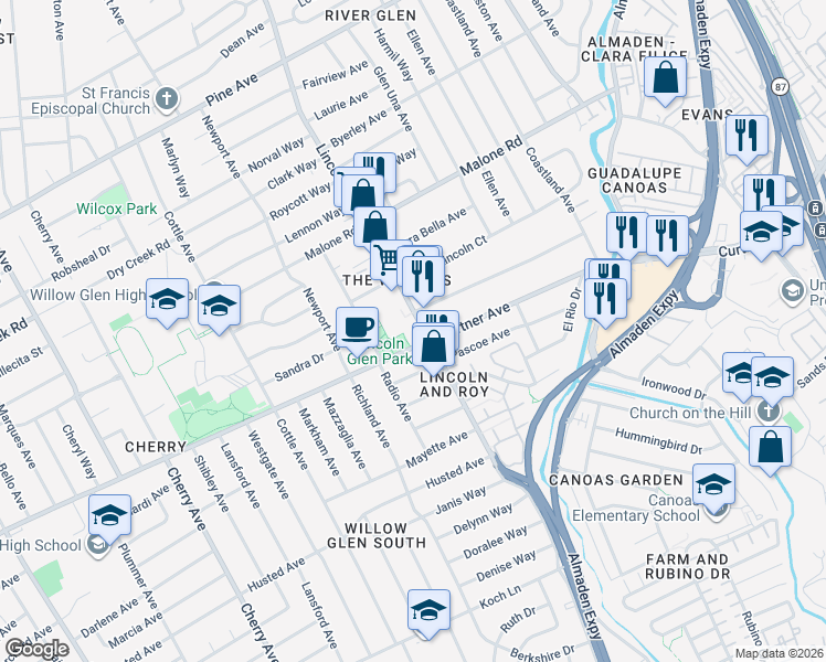 map of restaurants, bars, coffee shops, grocery stores, and more near 1103 Curtner Avenue in San Jose