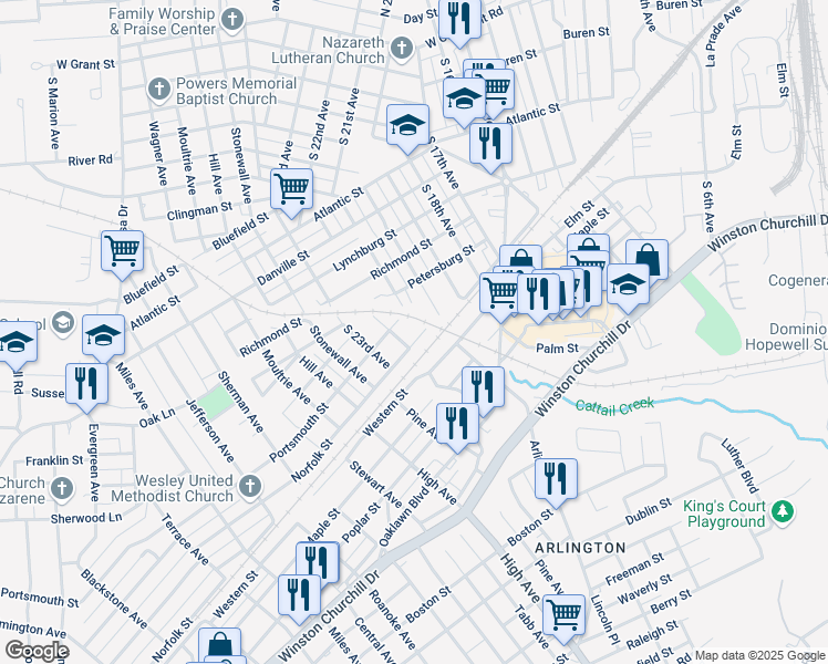 map of restaurants, bars, coffee shops, grocery stores, and more near 2203 Norfolk Street in Hopewell