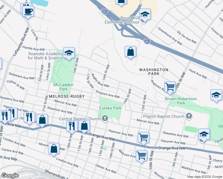 map of restaurants, bars, coffee shops, grocery stores, and more near 1518 Rugby Boulevard Northwest in Roanoke