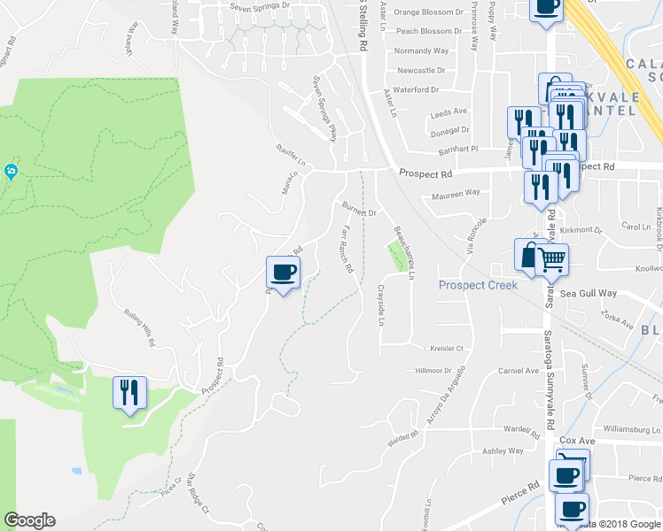 map of restaurants, bars, coffee shops, grocery stores, and more near 12206 Vista Arroyo Court in Saratoga