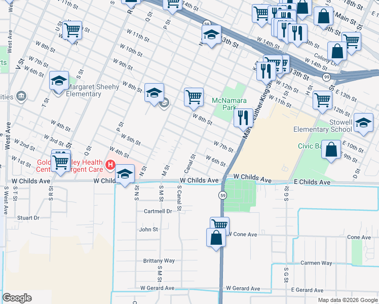 map of restaurants, bars, coffee shops, grocery stores, and more near 529 Canal Street in Merced