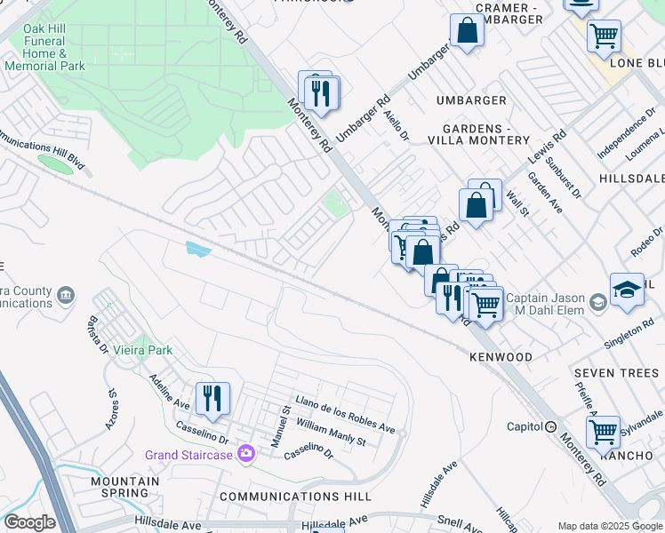 map of restaurants, bars, coffee shops, grocery stores, and more near 86 Montecito Vista Drive in San Jose