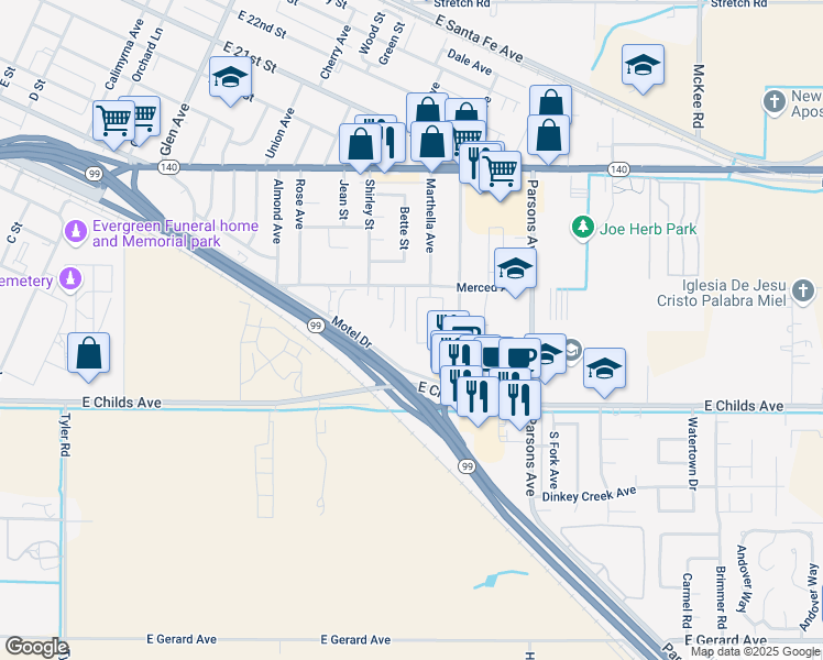 map of restaurants, bars, coffee shops, grocery stores, and more near 1792 Merced Avenue in Merced