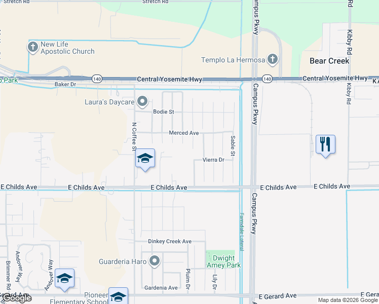 map of restaurants, bars, coffee shops, grocery stores, and more near 117 Dylan Court in Merced