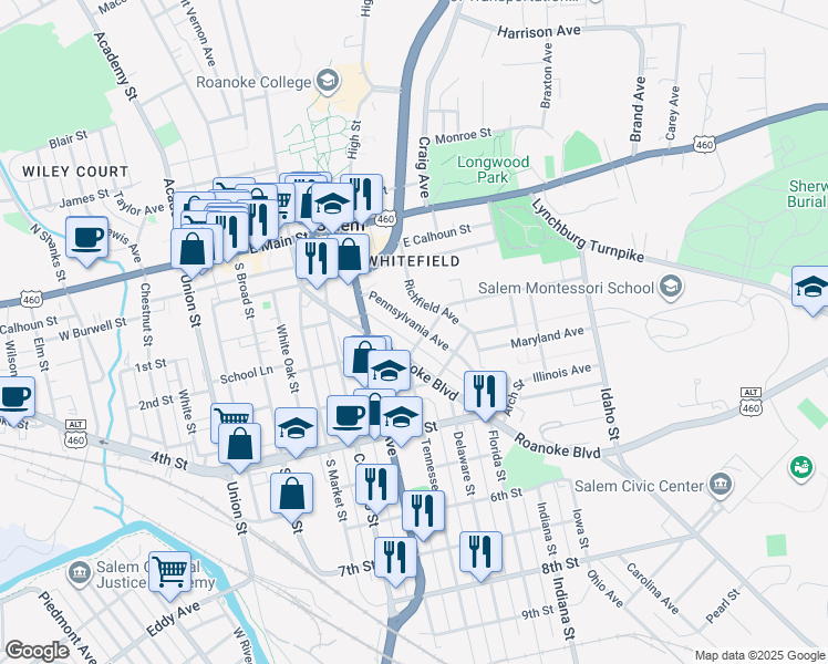 map of restaurants, bars, coffee shops, grocery stores, and more near 451-499 Virginia Avenue in Salem