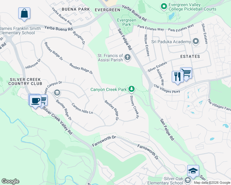 map of restaurants, bars, coffee shops, grocery stores, and more near 5393 Eagle Park Court in San Jose