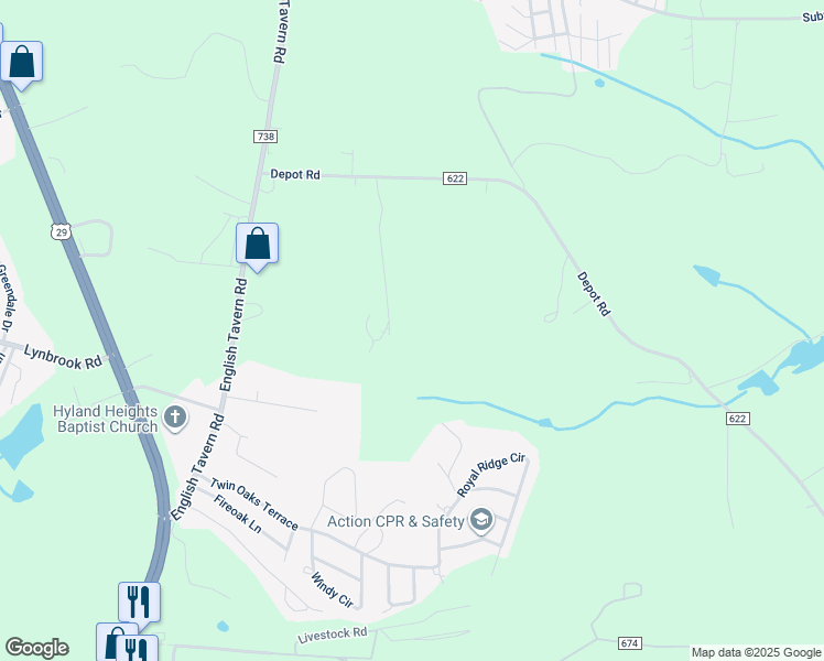 map of restaurants, bars, coffee shops, grocery stores, and more near 322 Warm Breeze Lane in Rustburg