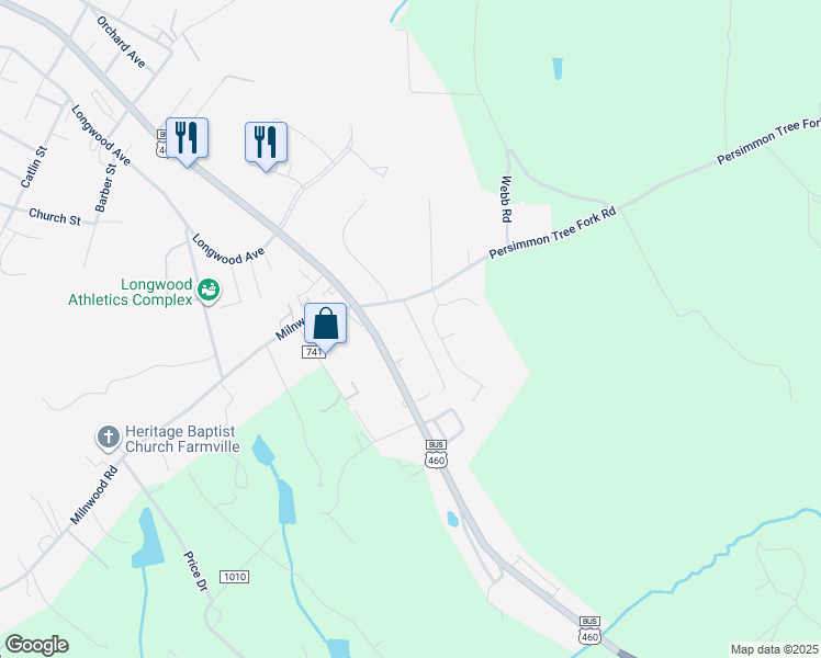 map of restaurants, bars, coffee shops, grocery stores, and more near 1809 Roberts Street in Farmville