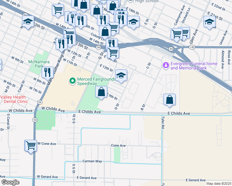 map of restaurants, bars, coffee shops, grocery stores, and more near 264 East 10th Street in Merced