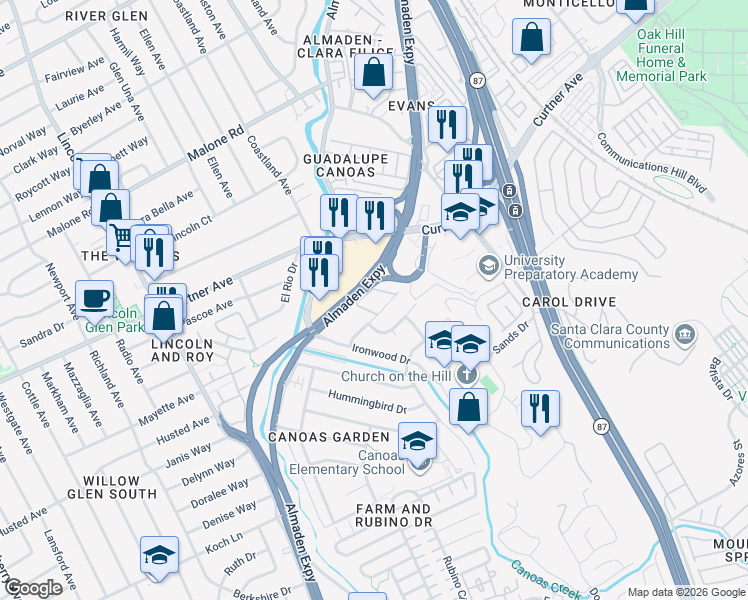 map of restaurants, bars, coffee shops, grocery stores, and more near 2415 Rinconada Drive in San Jose