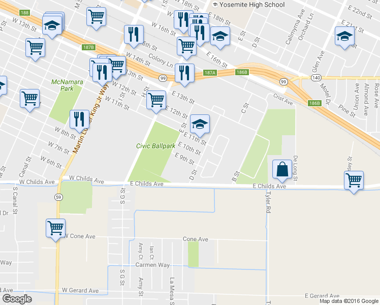 map of restaurants, bars, coffee shops, grocery stores, and more near 245 East 9th Street in Merced
