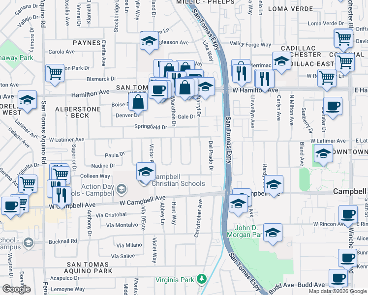 map of restaurants, bars, coffee shops, grocery stores, and more near 211 Marianna Way in Campbell