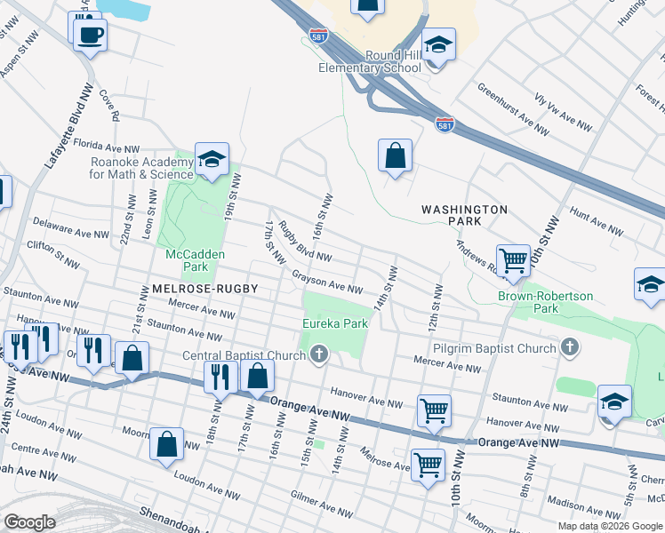 map of restaurants, bars, coffee shops, grocery stores, and more near 1518 Rugby Boulevard Northwest in Roanoke