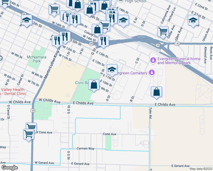 map of restaurants, bars, coffee shops, grocery stores, and more near 264 East 10th Street in Merced
