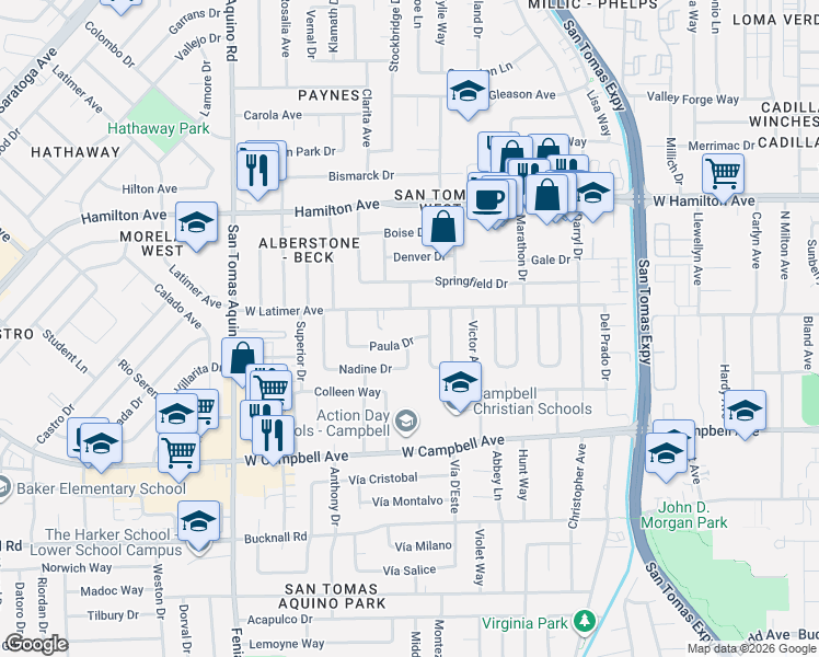 map of restaurants, bars, coffee shops, grocery stores, and more near 1135 Paula Drive in Campbell