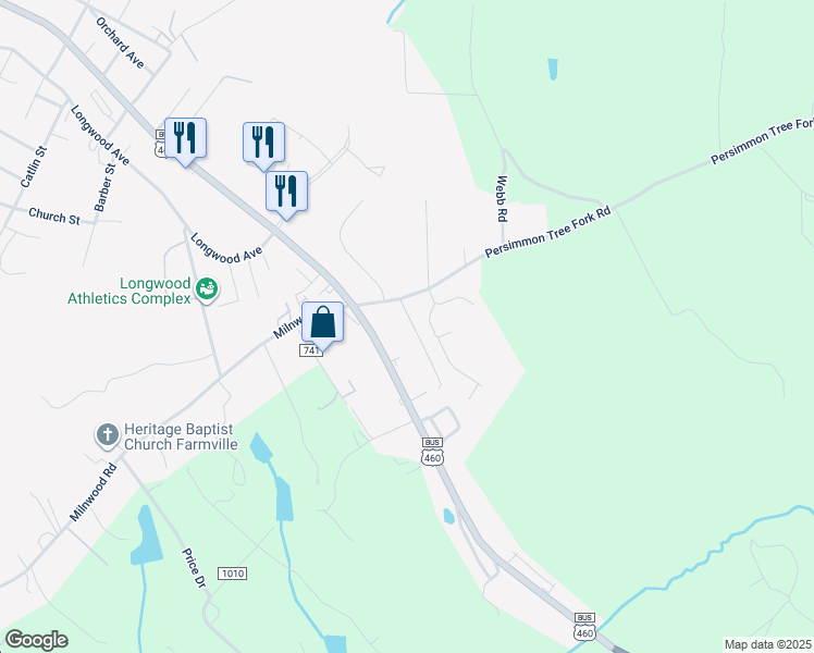 map of restaurants, bars, coffee shops, grocery stores, and more near 1809 Roberts Street in Farmville