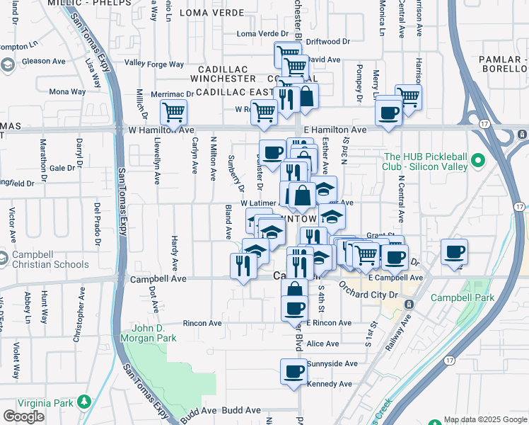 map of restaurants, bars, coffee shops, grocery stores, and more near 110 West Latimer Avenue in Campbell