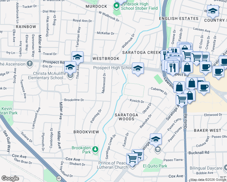 map of restaurants, bars, coffee shops, grocery stores, and more near 18991 Greenbrook Court in Saratoga