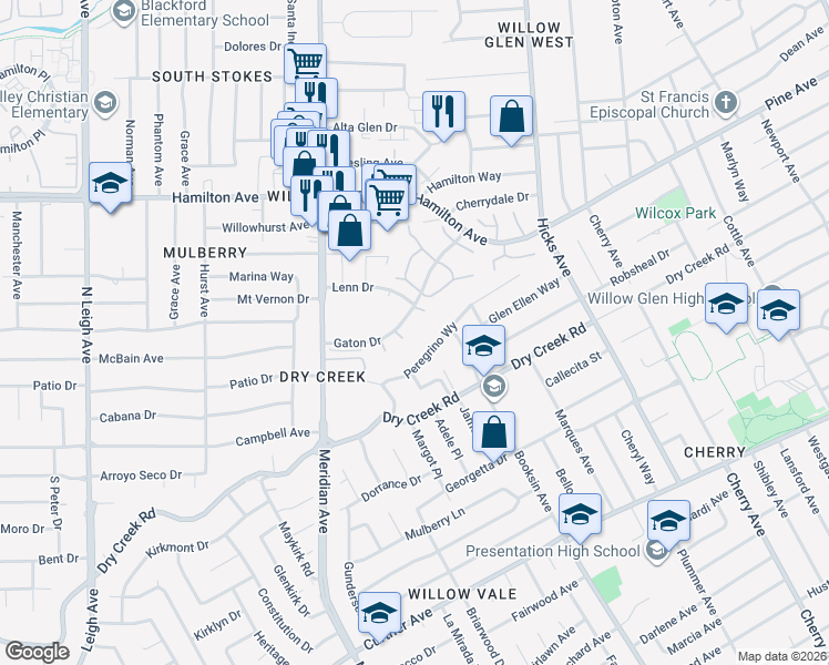 map of restaurants, bars, coffee shops, grocery stores, and more near 1660 Gaton Drive in San Jose