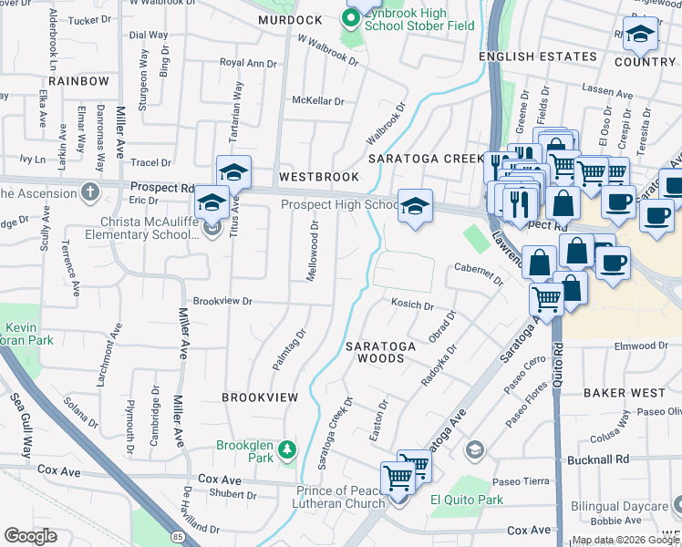 map of restaurants, bars, coffee shops, grocery stores, and more near 18991 Greenbrook Court in Saratoga