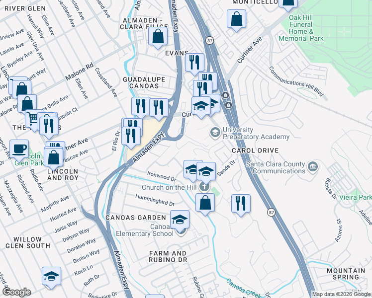 map of restaurants, bars, coffee shops, grocery stores, and more near 1255 Babb Court in San Jose