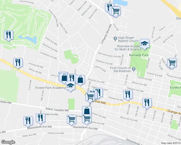 map of restaurants, bars, coffee shops, grocery stores, and more near 2423 Maryland Avenue Northwest in Roanoke