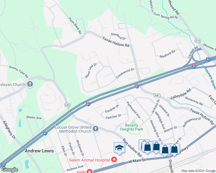 map of restaurants, bars, coffee shops, grocery stores, and more near 2848 Creekwood Drive in Salem