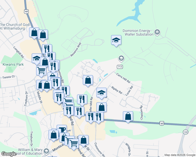 map of restaurants, bars, coffee shops, grocery stores, and more near 100 Georgetown Crescent in Williamsburg