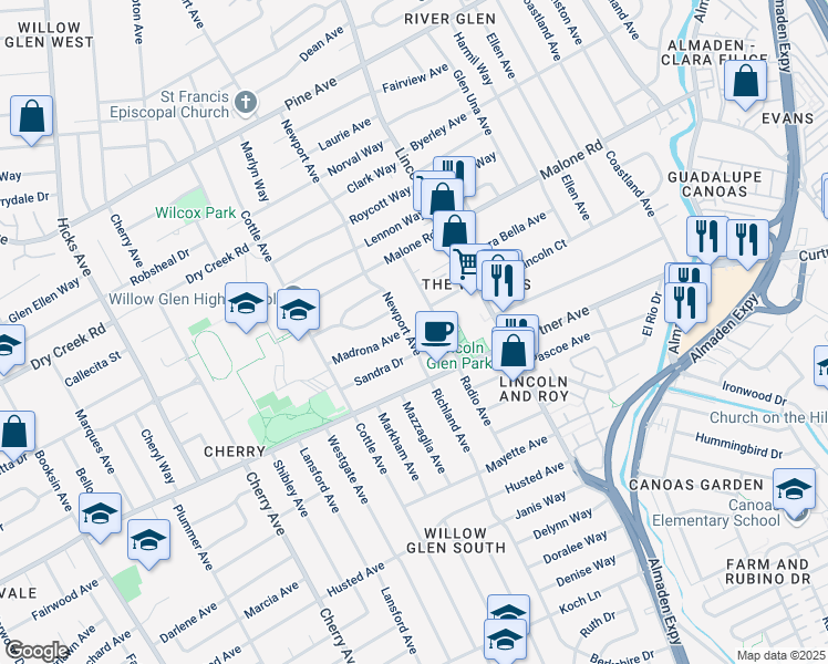map of restaurants, bars, coffee shops, grocery stores, and more near 2160 Newport Avenue in San Jose