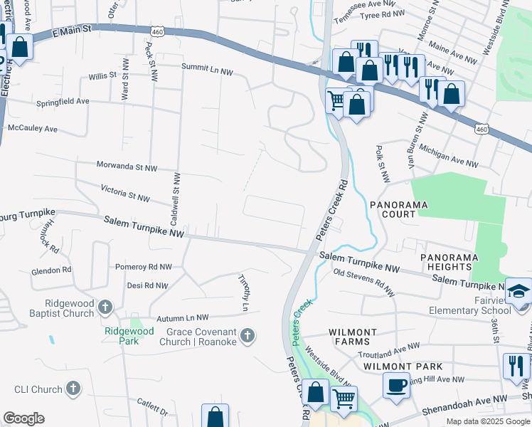 map of restaurants, bars, coffee shops, grocery stores, and more near 4309 Moomaw Avenue Northwest in Roanoke