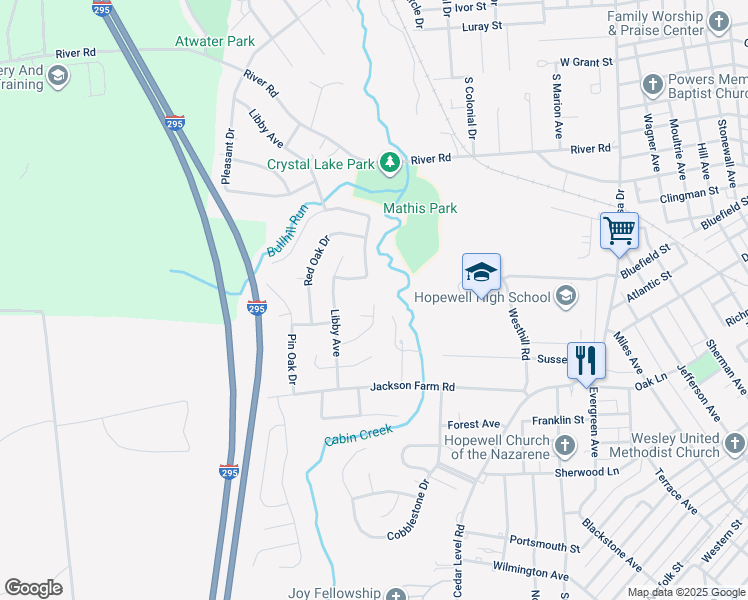 map of restaurants, bars, coffee shops, grocery stores, and more near 3594 Creekwood Drive in Hopewell